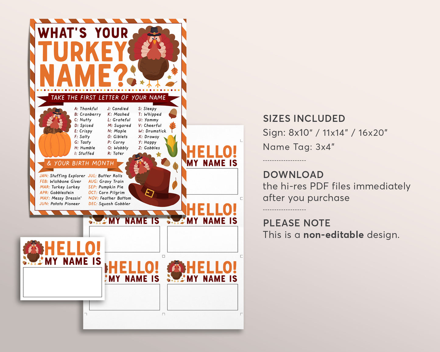 What's Your Turkey Name Game, Thanksgiving Dinner Game Activity With Name Tags And Sign, Family Fall Autumn Party Games, Holiday Kids Adult