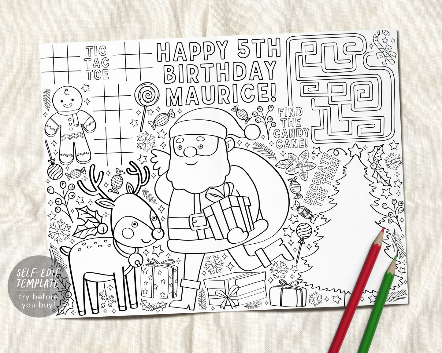 Santa Birthday Coloring Page Placemat For Kids Editable Template