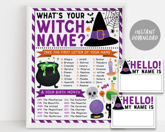 What's Your Witch Name Game, Spooktacular Halloween Witch Themed Party Decor, Pumpkin Carving Activity With Name Tags And Sign, Spooky Fall