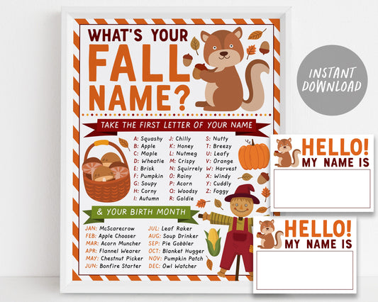What's Your Fall Name Game With Name Tags And Sign, Fall Party Activity, Autumn Themed Party Decor, Icebreaker Game Name Generator Printable