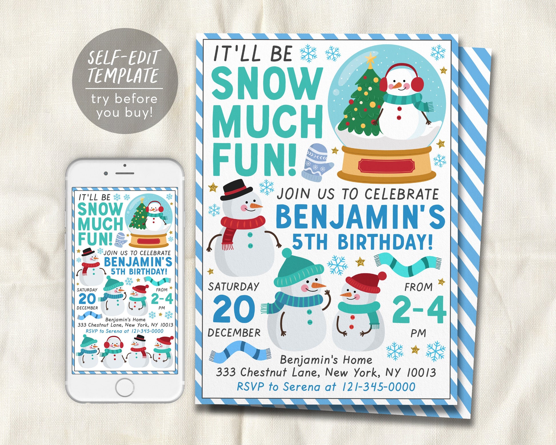 Snowman Birthday Party Invitation Editable Template