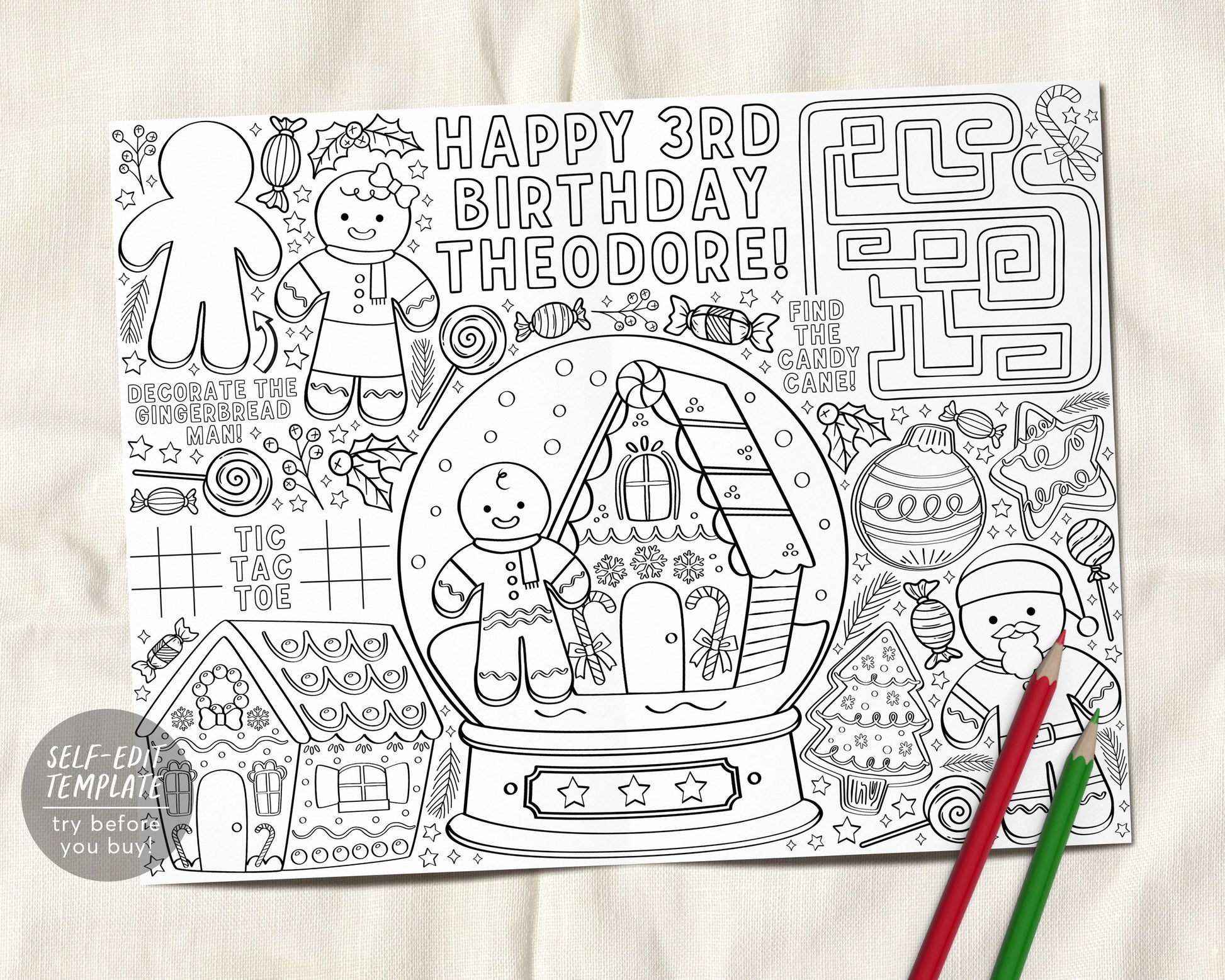 Gingerbread House Decorating Party Birthday Coloring Page Placemat Editable Template
