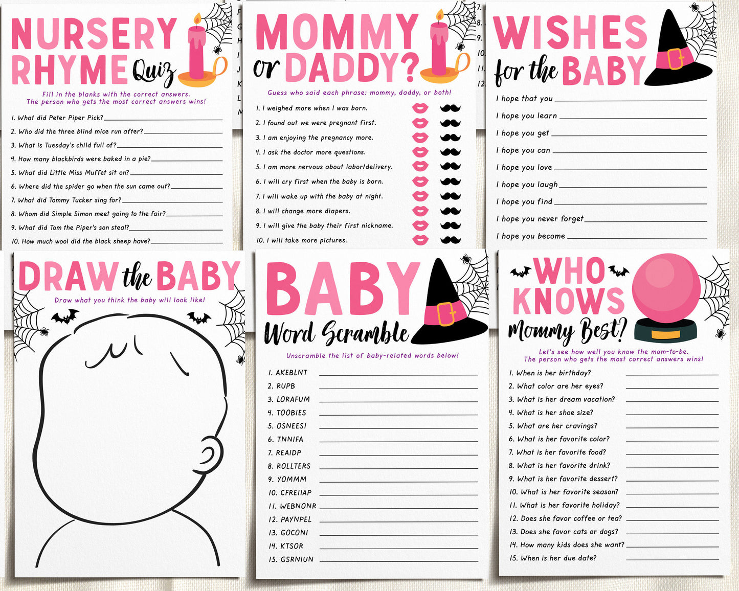 A Baby is Brewing Halloween Baby Shower Games Package Bundle Editable Template, Pink Witch Baby Sprinkle, Girl 12 Shower Games Printable DIY