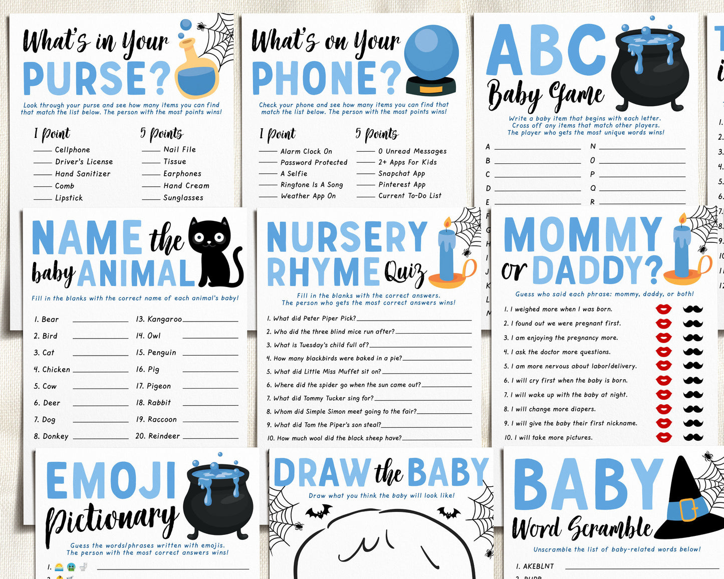 A Baby is Brewing Halloween Baby Shower Games Package Bundle Editable Template, Blue Witch Baby Sprinkle, Boy 12 Shower Games Printable DIY