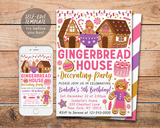 Gingerbread House Decorating Birthday Party Invitation Editable Template