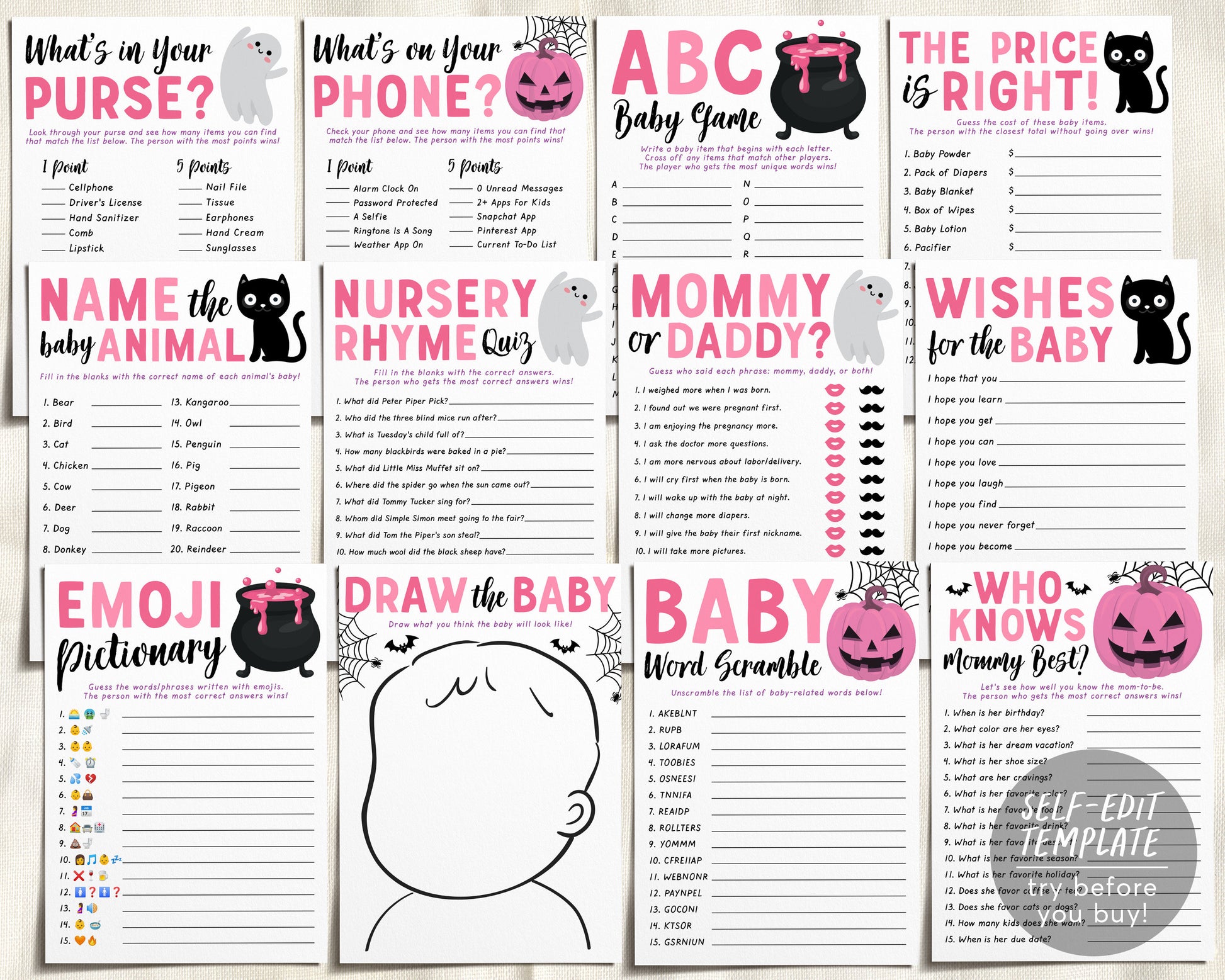 Halloween Baby Shower Games Package Bundle Editable Template, Pink A L – Puff Paper Co halloween-baby-shower-games-package-bundle-editable-template-pink-a-l-puff-paper-co