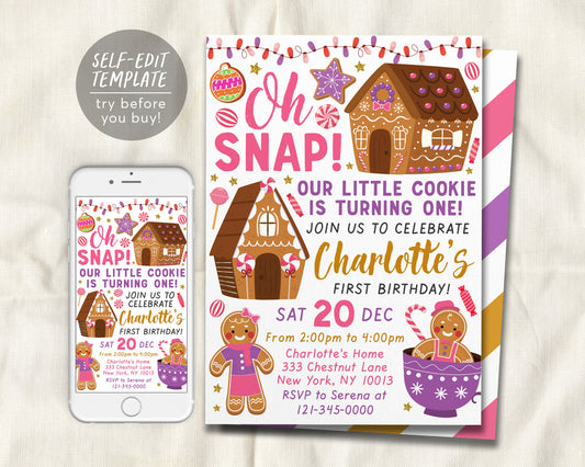 Oh Snap Gingerbread Cookie Decorating Birthday Invitation Editable Template