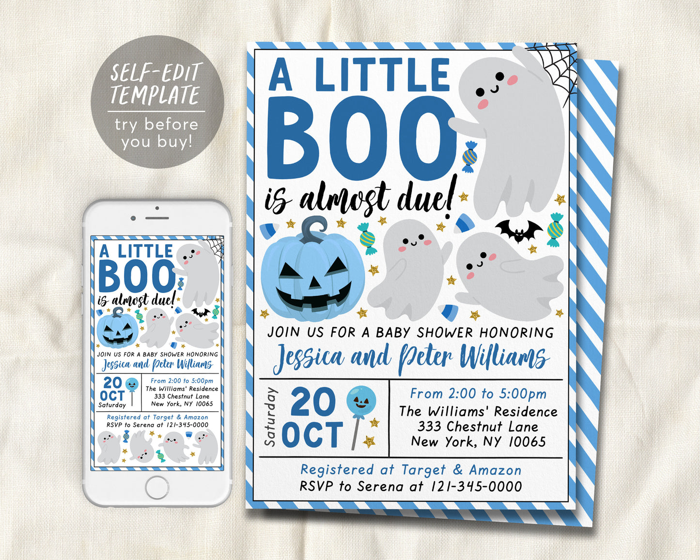 A Little Boo is Almost Due Baby Shower Invitation Editable Template, Blue Boy Halloween Ghost Themed Invite, Girl Spooky Fall Baby Sprinkle