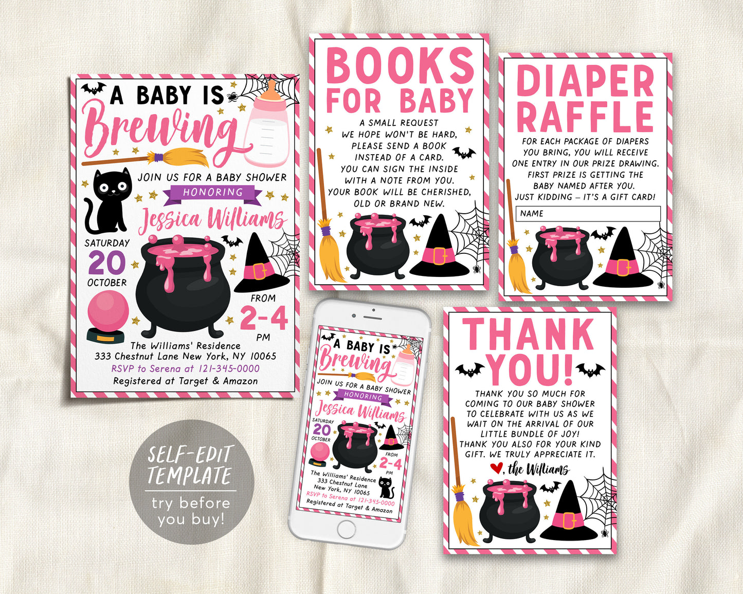 A Baby is Brewing Baby Shower Invitation Girl BUNDLE Suite Editable Template, Witch Halloween Invite Book Request Diaper Raffle Thank You
