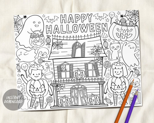 Halloween Coloring Page Placemat For Kids, Cute Spooky Halloween Fall Party Activity Sheet, Classroom Kids Adults Coloring Instant Download