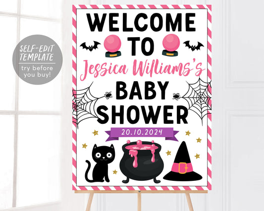 A Baby is Brewing Halloween Baby Shower Welcome Sign Editable Template Girl Halloween Witch Theme Baby Sprinkle Party Poster Decor Printable