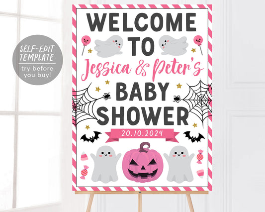 Halloween Baby Shower Welcome Sign Editable Template, Girl A Little Boo is Almost Due, Ghost Theme Baby Sprinkle Party Poster Decor DIY