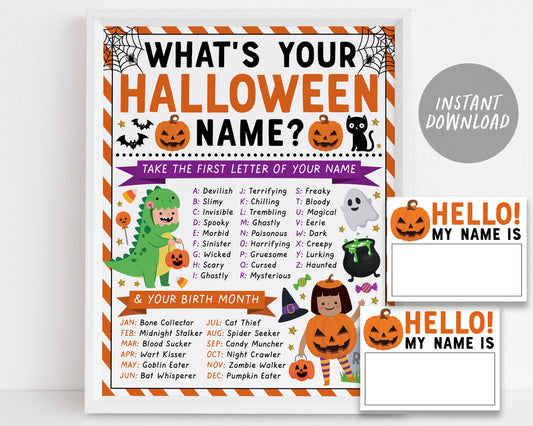 What's Your Halloween Name Game, Pumpkin Carving Party Activity With Name Tags And Sign, Spooky Fall Autumn Fun Family Games Printable DIY