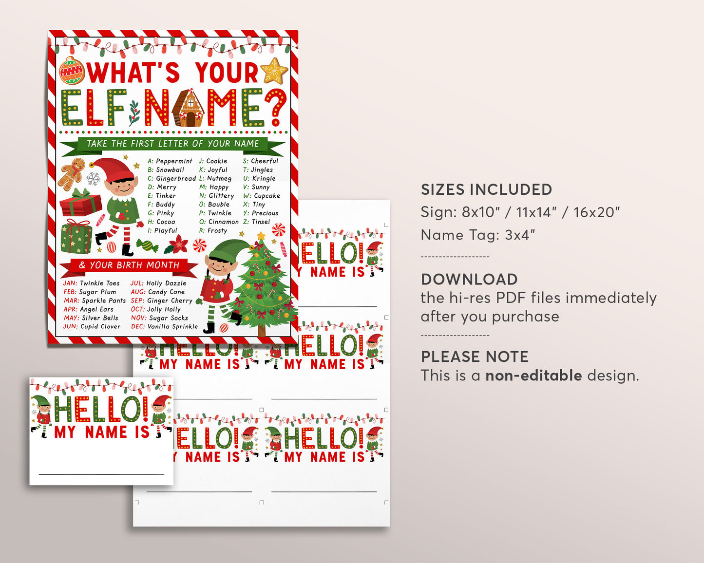 What's your Elf Name Game, Elves Christmas Party Activity Game With Name Tags Sign Printable, Christmas Eve Box Holiday Winter Activity Kids