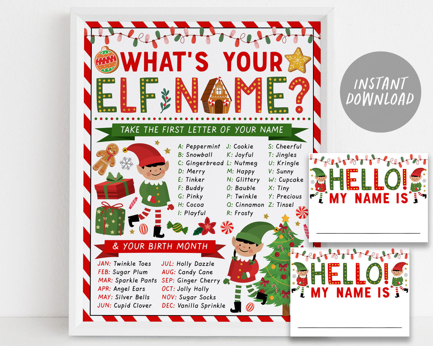 What's your Elf Name Game, Elves Christmas Party Activity Game With Name Tags Sign Printable, Christmas Eve Box Holiday Winter Activity Kids