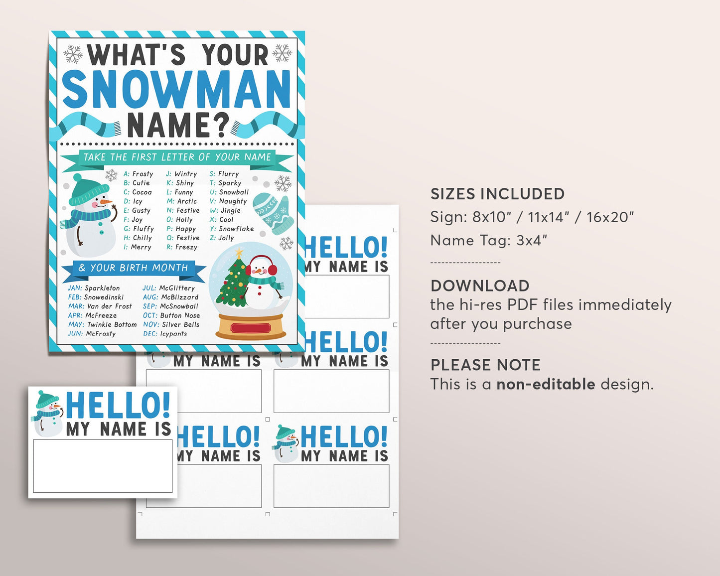 What's Your Snowman Name Game, Winter Christmas Party Activity Game With Name Tags And Sign Printable, Holiday Activity Kids Classroom Decor