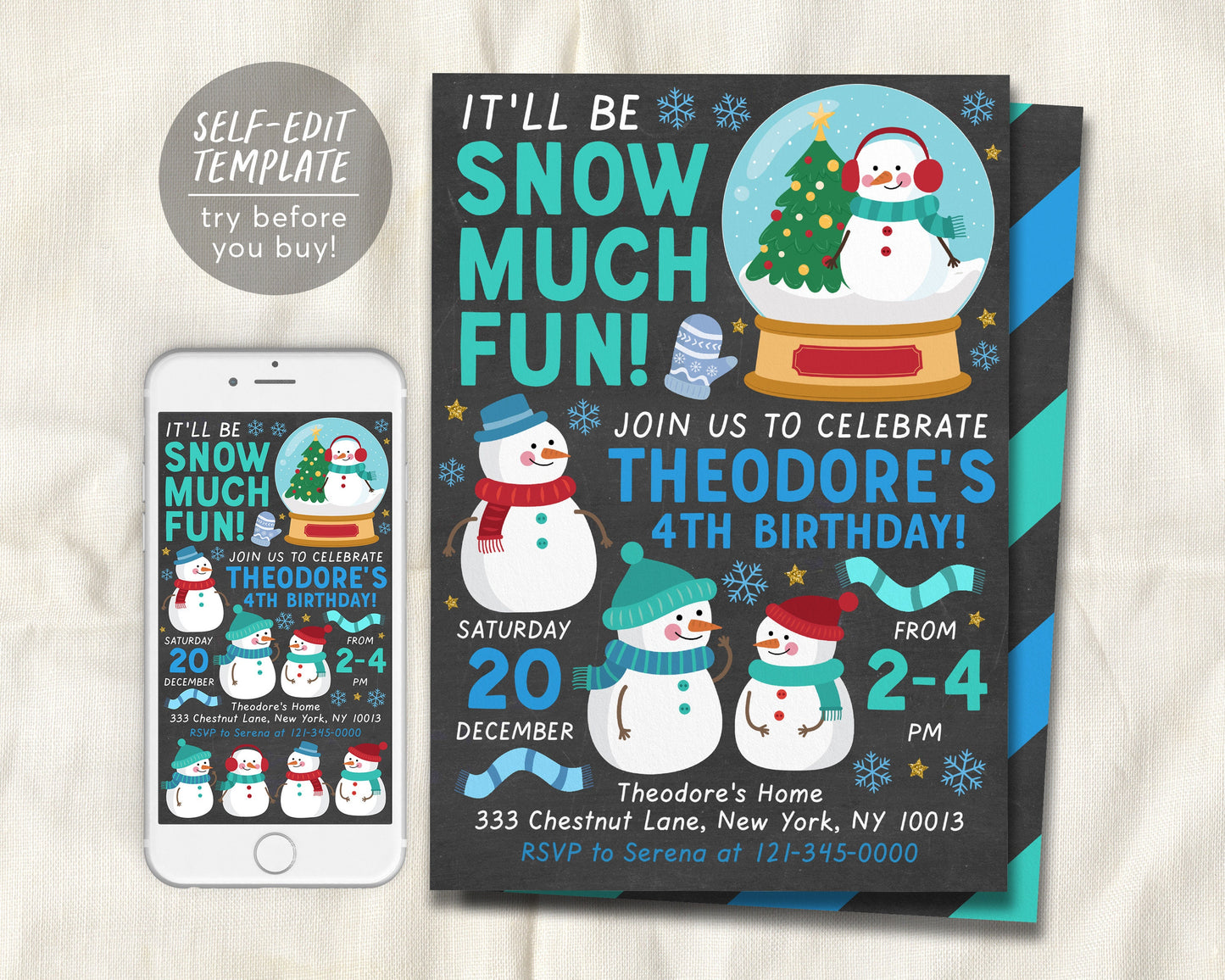 Snowman Birthday Party Invitation Editable Template