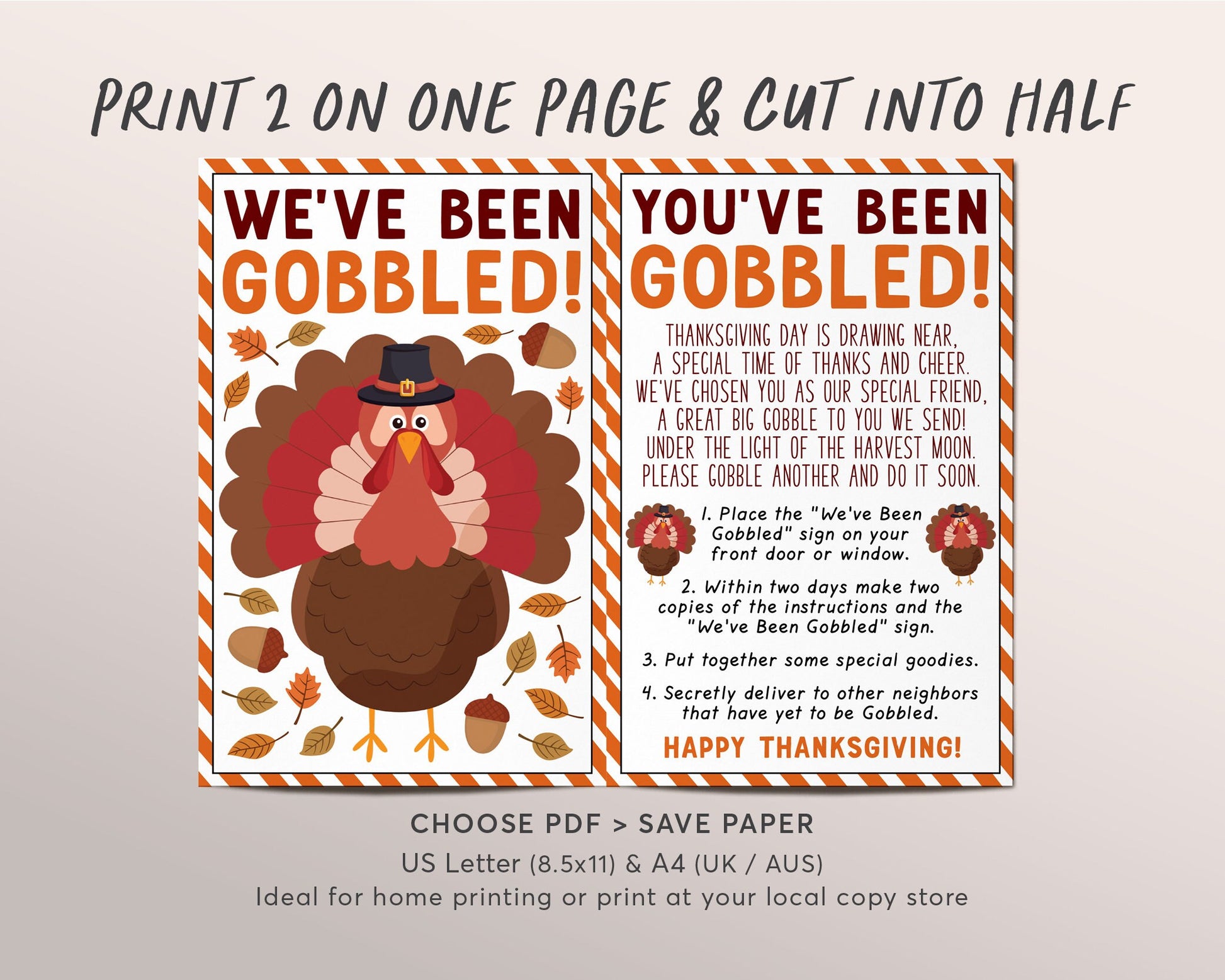 we've been gobbled game editable template, you've been gobbled, thanksgiving friendsgiving activity tradition sign instructions neighbors
