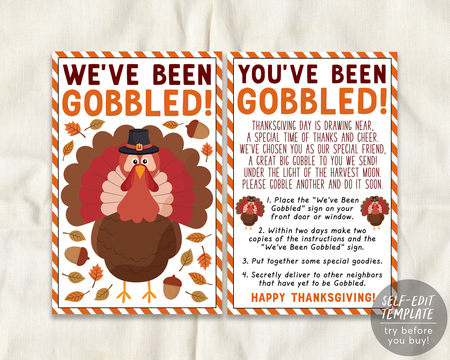 We've Been Gobbled Game Editable Template, You've Been Gobbled, Thanksgiving Friendsgiving Activity Tradition Sign Instructions Neighbors