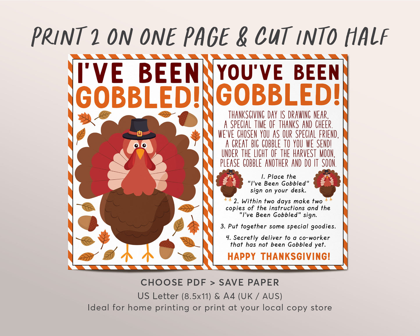 I've Been Gobbled Coworker Game Editable Template, You've Been Gobbled Work, Thanksgiving Office Tradition Sign Instructions Gift Turkey