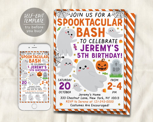 Halloween Birthday Invitation Editable Template, Spooktacular Bash Ghost Themed Birthday Party Invite, Spooky Celebration Unisex Printable