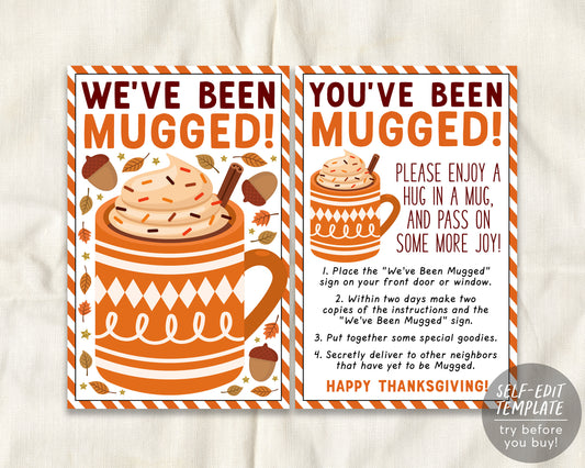 We've Been Mugged Game Editable Template, You've Been Mugged, Thanksgiving Friendsgiving Activity Tradition Sign Instructions Neighbors