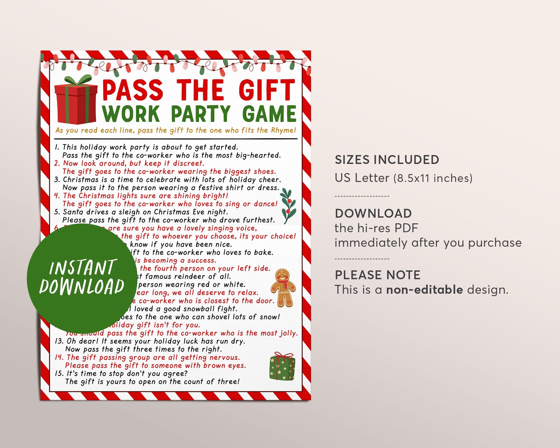 Christmas Pass the Gift Game Instant Download Printable 