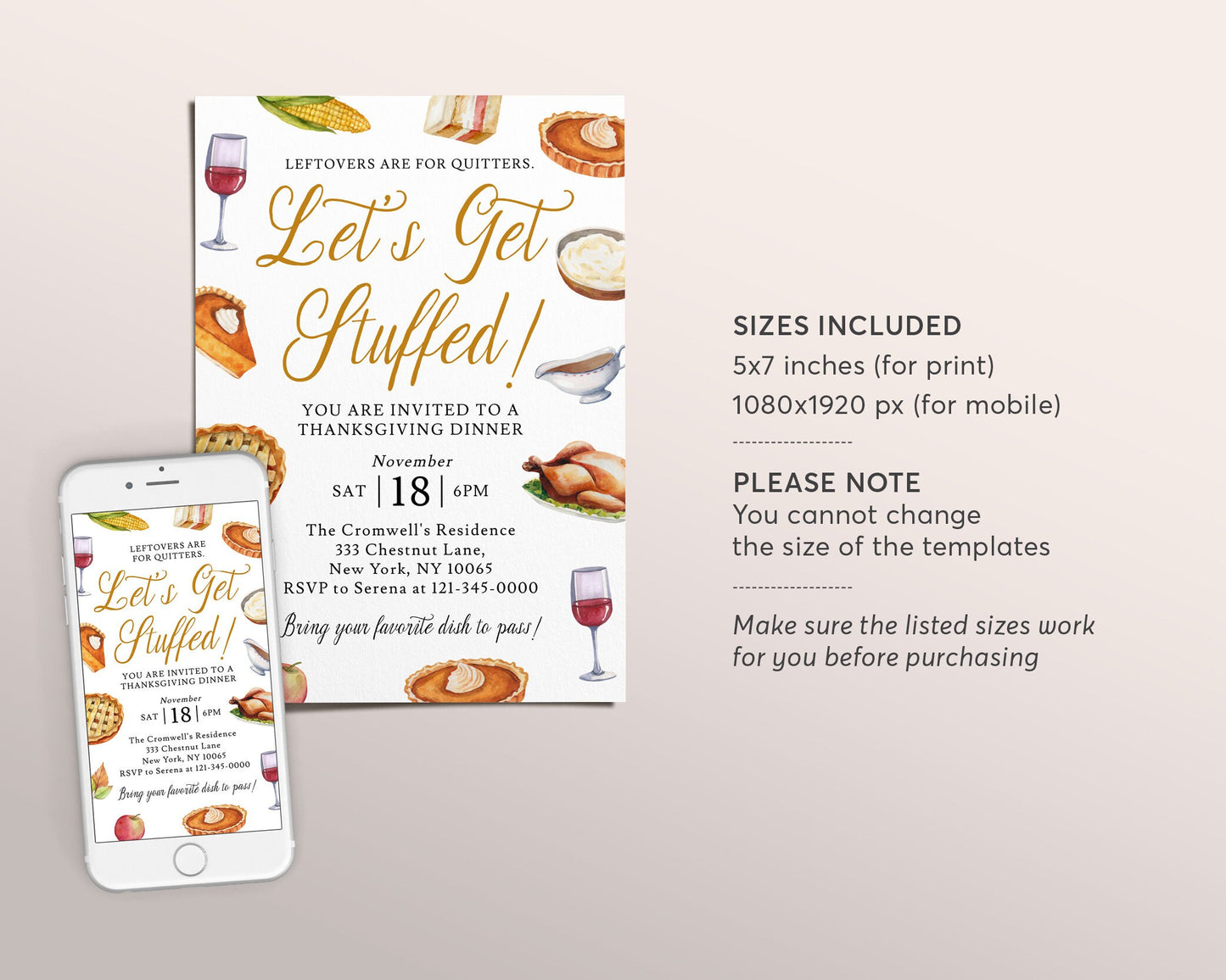 Let's Get Stuffed Thanksgiving Invitation Editable Template, Funny Friendsgiving Dinner Party Potluck Feast Invite, Evite Fall Holiday Pie