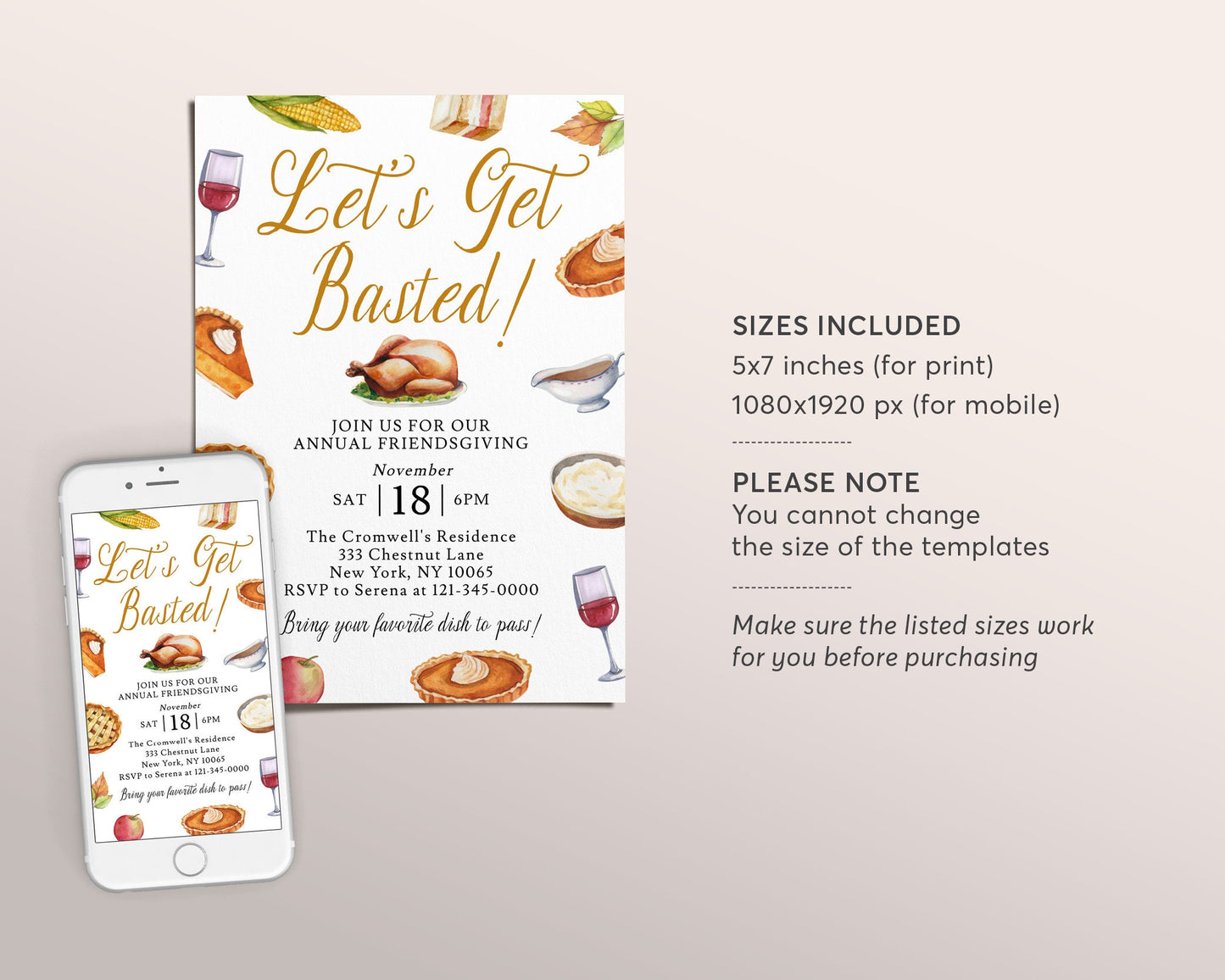 Let's get Basted Thanksgiving Invitation Editable Template, Funny Friendsgiving Dinner Party Potluck Feast Invite, Evite Fall Turkey Pie