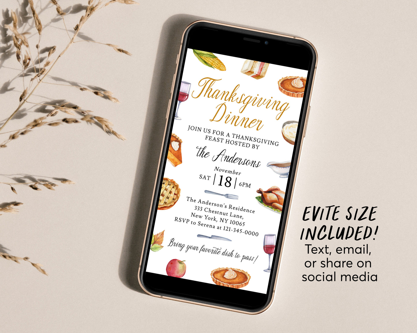 Thanksgiving Invitation Editable Template, Fall Thanksgiving Feast Invite, Friendsgiving Potluck Dinner Party Evite Fall Holiday Pumpkin Pie