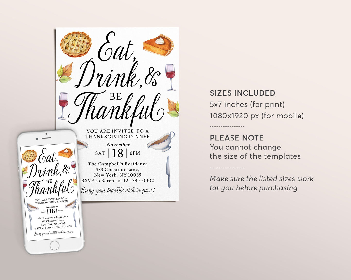 Eat Drink And Be Thankful Thanksgiving Party Editable Template, Funny Friendsgiving Dinner Party Invite, Holiday Potluck Feast Pumpkin Pie