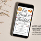 Eat Drink And Be Thankful Thanksgiving Party Editable Template, Funny Friendsgiving Dinner Party Invite, Holiday Potluck Feast Pumpkin Pie