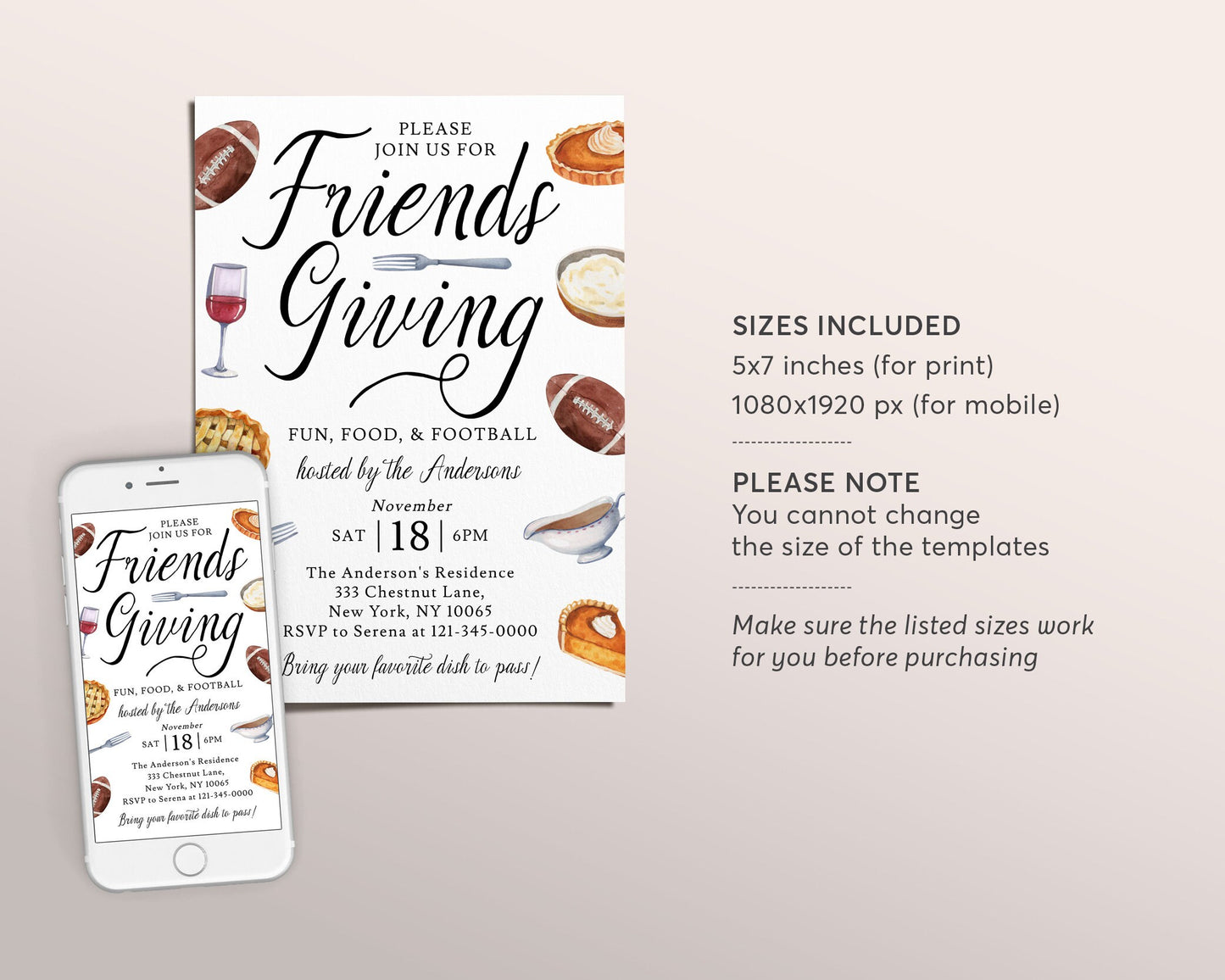 Casual Friendsgiving Football Invitation Editable Template, Fun Thanksgiving With Friends Dinner Party Sports Invite, Holiday Potluck Feast