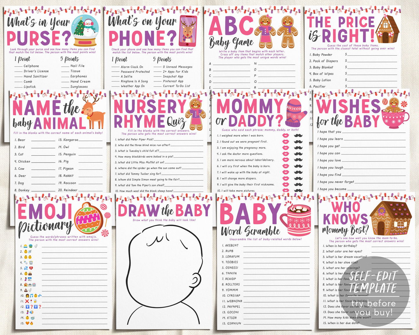 Gingerbread Cookie Baby Shower Games Package Bundle Editable Template, Christmas Winter Pink Baby Sprinkle, Little Cookie Holiday Oh Snap