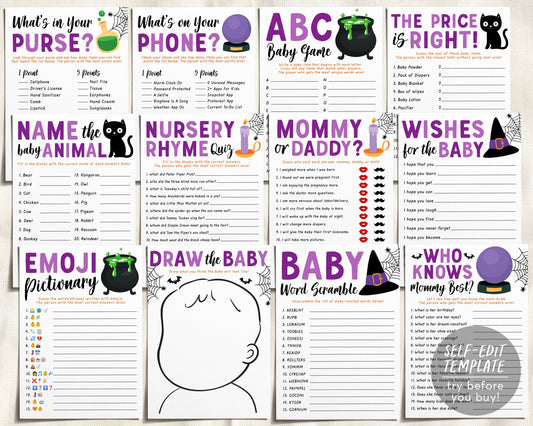 A Baby is Brewing Halloween Baby Shower Games Package Bundle Editable Template, Witch Baby Sprinkle, Unisex 12 Shower Games Printable DIY