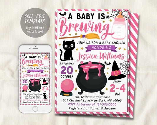 A Baby is Brewing Baby Shower Invitation Editable Template, Pink Witch Themed Girl Halloween Baby Sprinkle Invite Evite DIY, A Little Boo