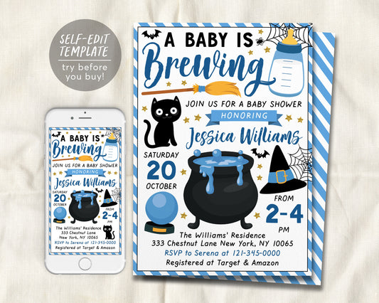 A Baby is Brewing Baby Shower Invitation Editable Template, Blue Witch Themed Boy Halloween Baby Sprinkle Invite Evite DIY, A Little Boo
