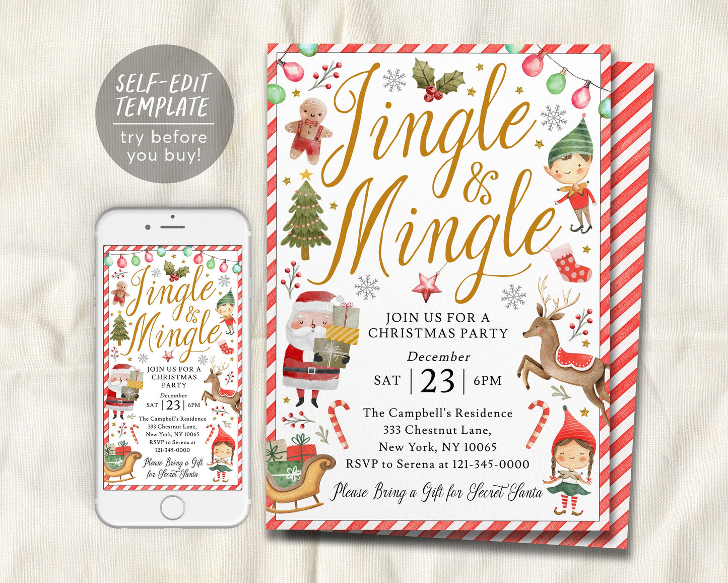 Christmas Party Invitation Editable Template, Jingle And Mingle Holiday Party Santa Kids Invite Evite Printable, Secret Santa Gift Exchange