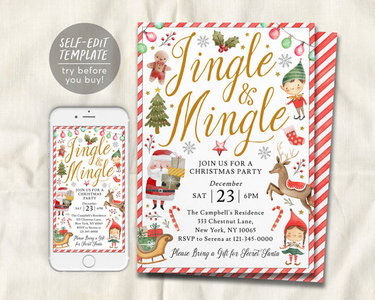 Christmas Party Invitation Editable Template, Jingle And Mingle Holiday Party Santa Kids Invite Evite Printable, Secret Santa Gift Exchange