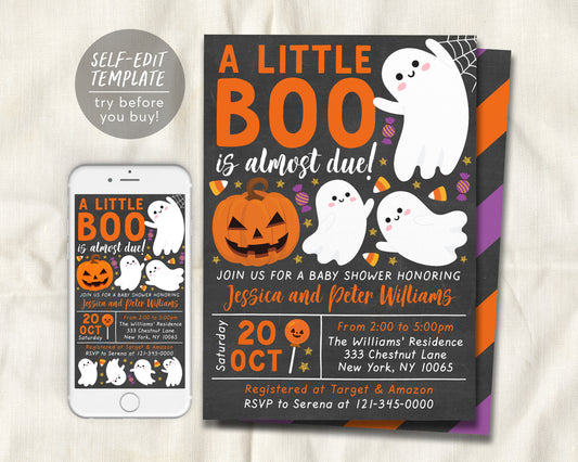 A Little Boo is Almost Due Baby Shower Invitation Editable Template, Chalkboard Gender Neutral Halloween Themed Invite, Fall Baby Sprinkle