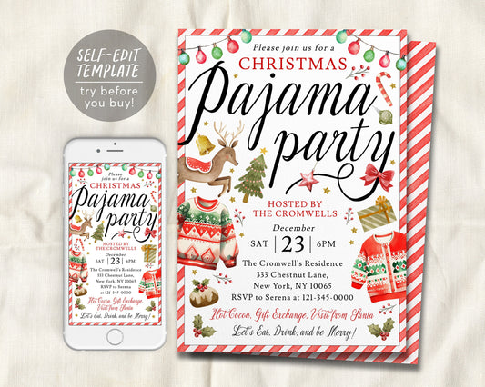 Christmas Pajama Party Invitation Editable Template, Holiday PJ Slumber Party For Kids Invite, Ugly Sweater Winter Gift Exchange Evite