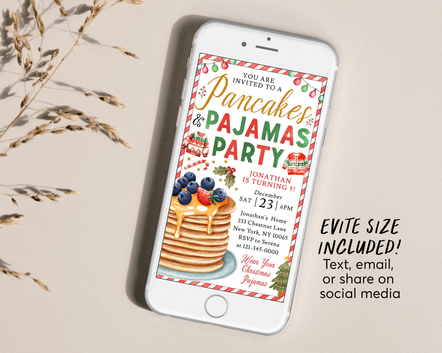 Pancakes And Pajamas Party Birthday Invitation Editable Template, Christmas Breakfast Party Invite, Breakfast with Santa Holiday PJs Brunch