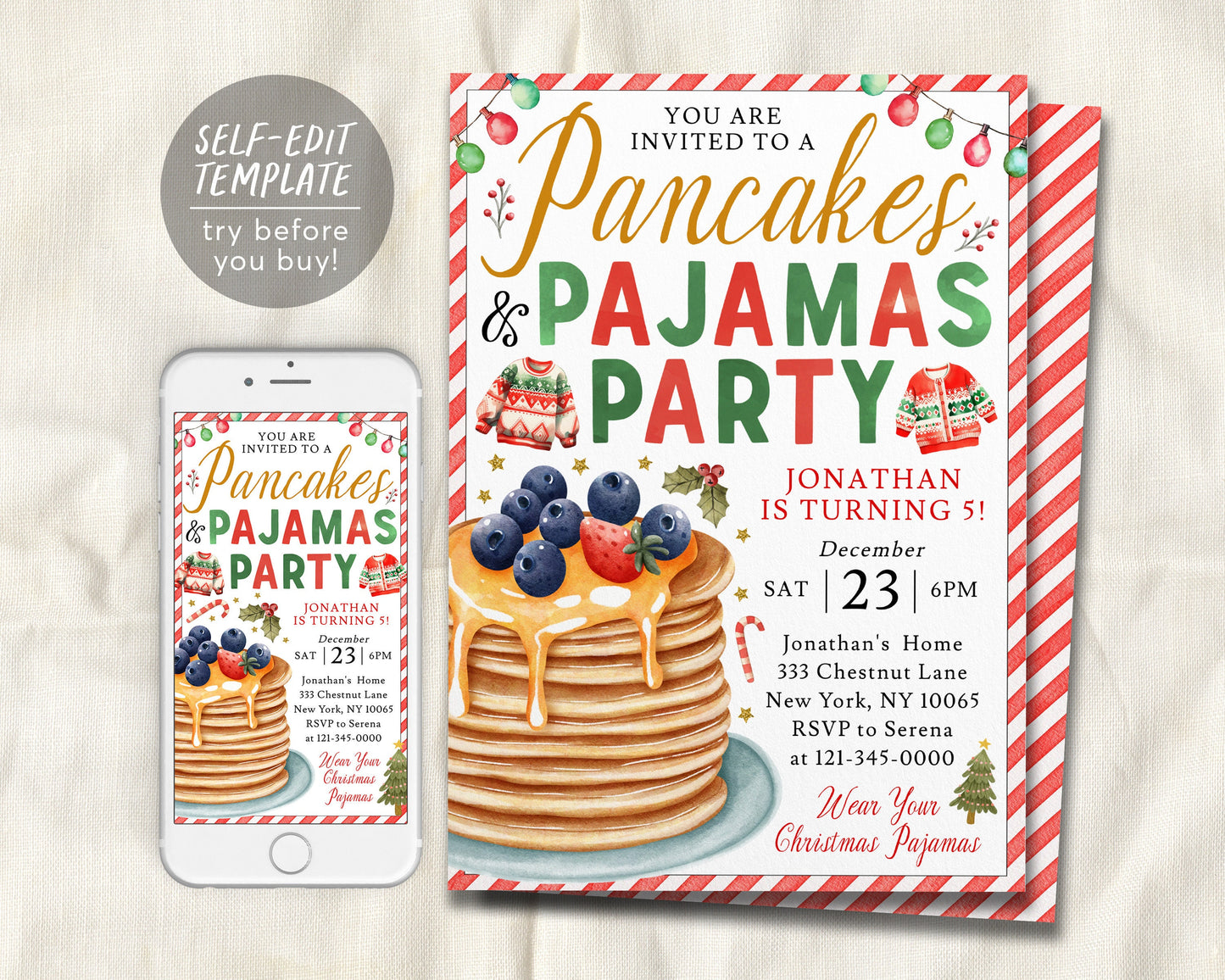 Pancakes And Pajamas Party Birthday Invitation Editable Template, Christmas Breakfast Party Invite, Breakfast with Santa Holiday PJs Brunch