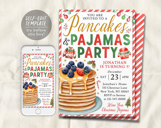 Pancakes And Pajamas Party Birthday Invitation Editable Template, Christmas Breakfast Party Invite, Breakfast with Santa Holiday PJs Brunch