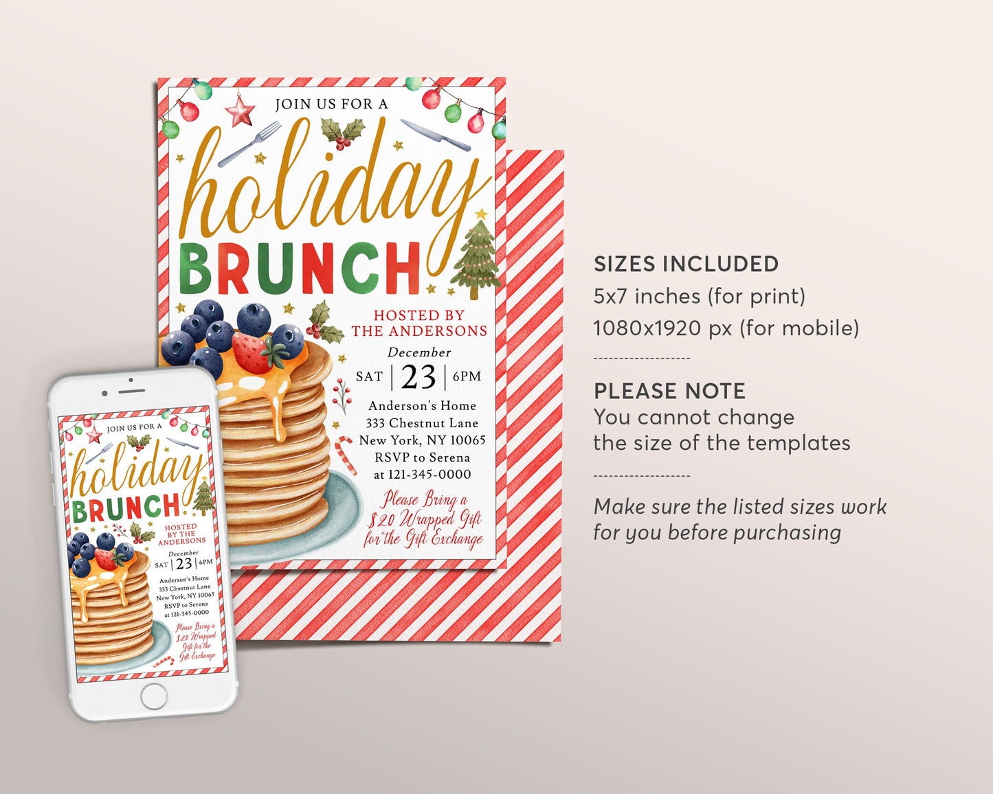 Holiday Brunch Invitation Editable Template, Christmas Breakfast Pancakes Party Invite For Family Teacher Staff Appreciation Evite Printable