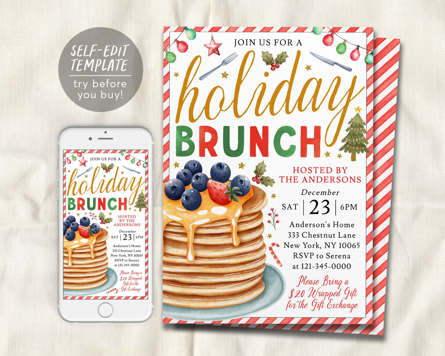 Holiday Brunch Invitation Editable Template, Christmas Breakfast Pancakes Party Invite For Family Teacher Staff Appreciation Evite Printable