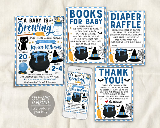 A Baby is Brewing Baby Shower Invitation Boy BUNDLE Suite Editable Template, Witch Halloween Invite Book Request Diaper Raffle Thank You