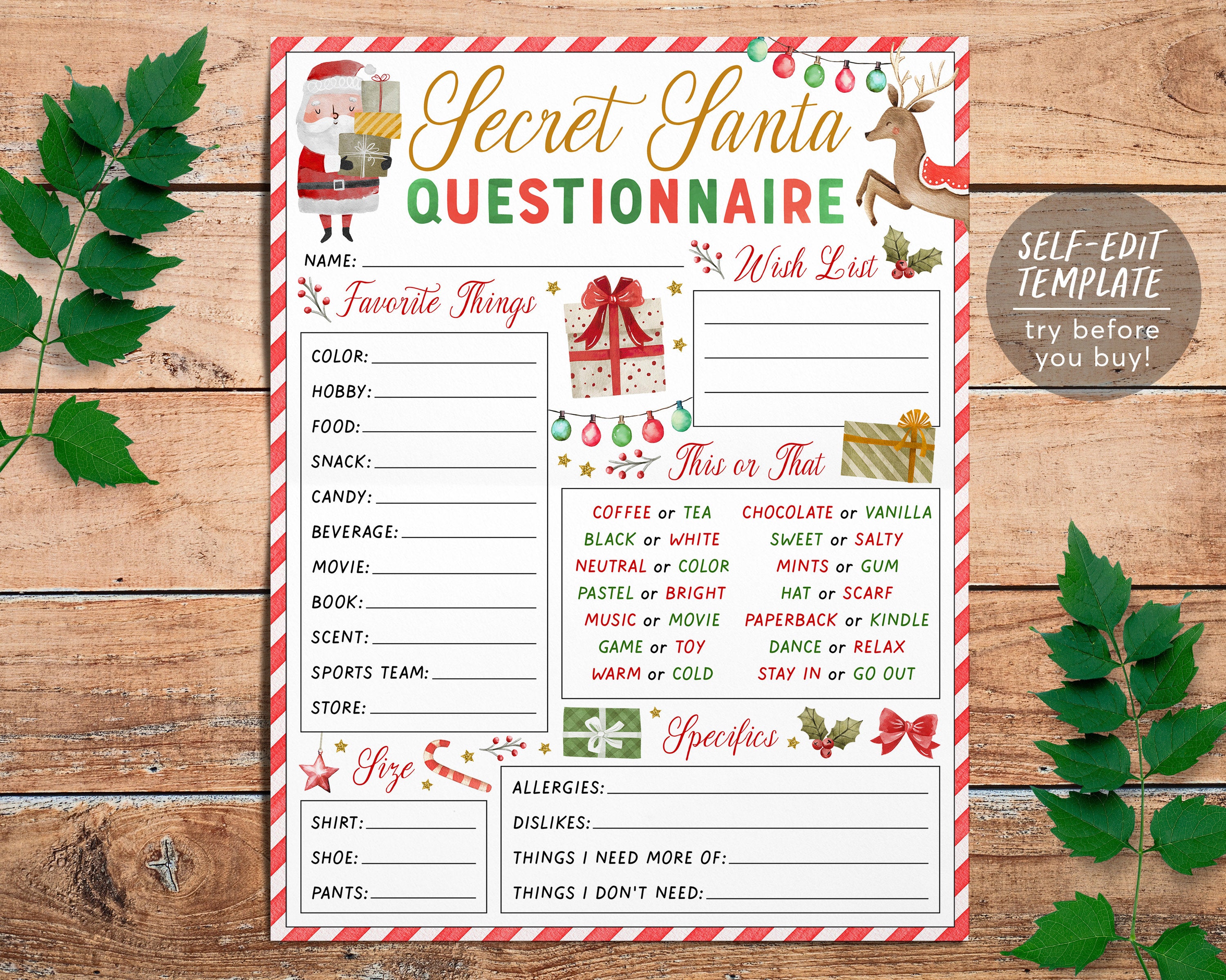 Secret Santa Gift Exchange Questionnaire Editable Template, Holiday Ch ...