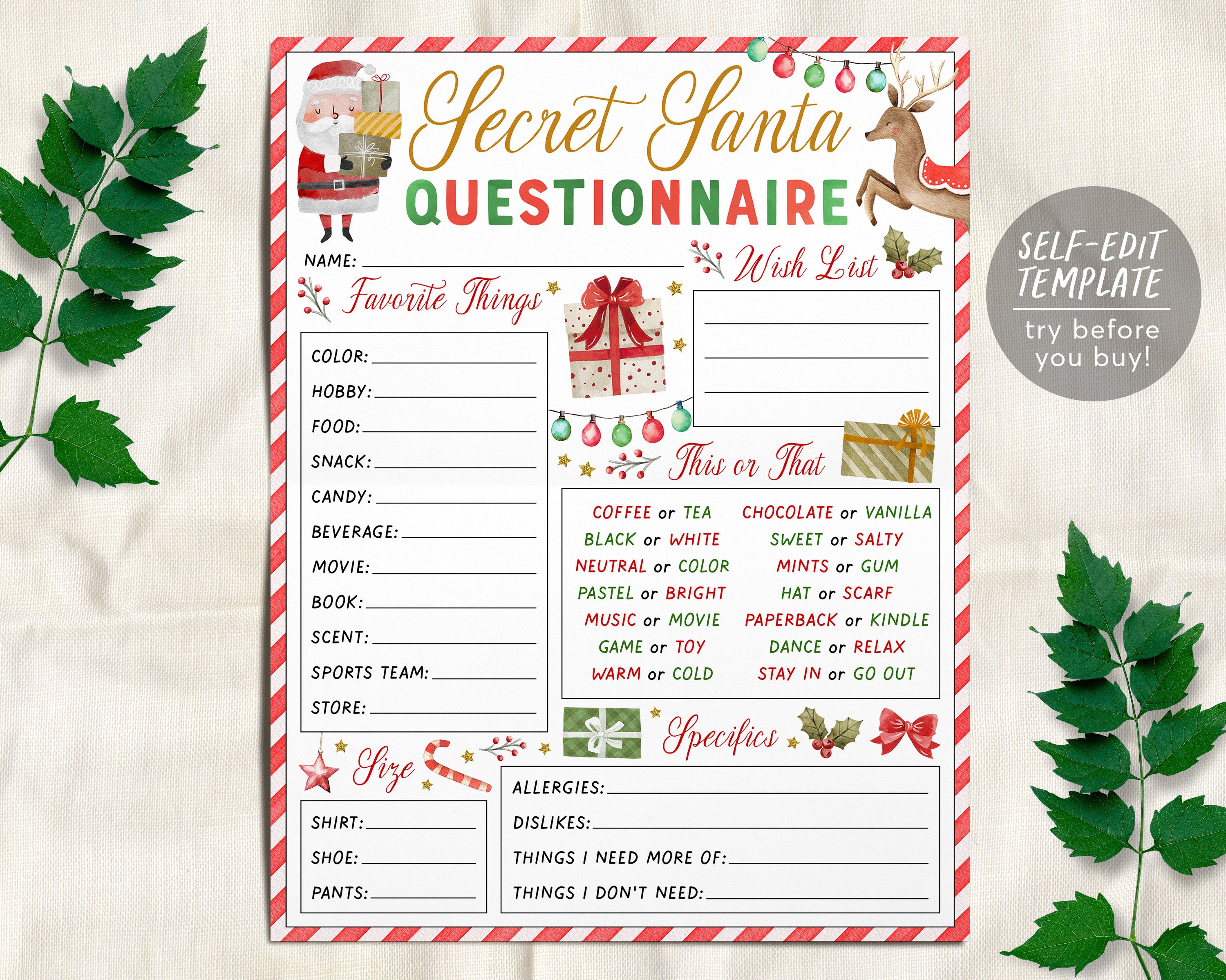 secret santa gift exchange questionnaire editable template, holiday  christmas form present swap wishlist printable, office santa party games