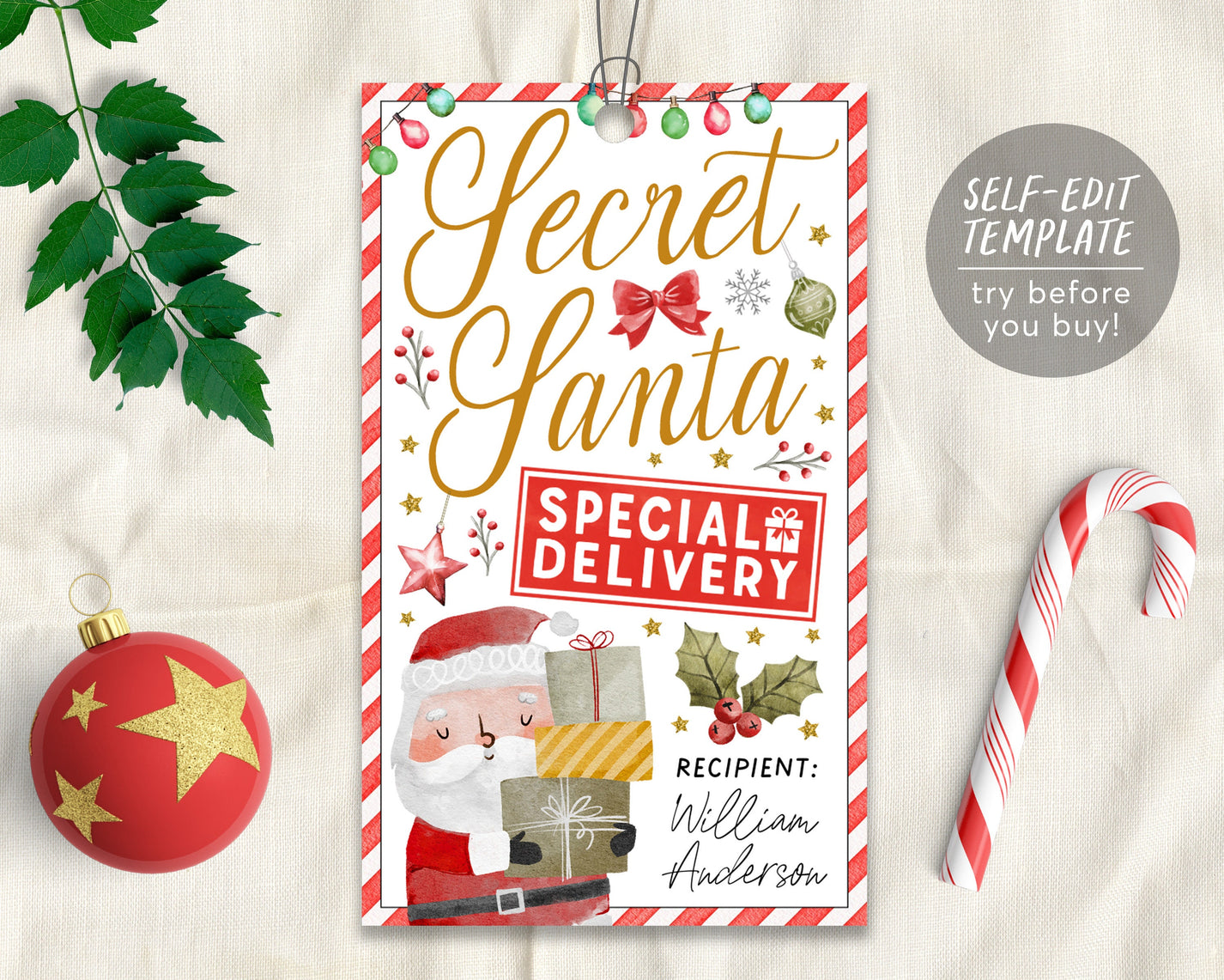 Secret Santa Gift Tags Editable Template, Christmas Santa Claus Specia ...